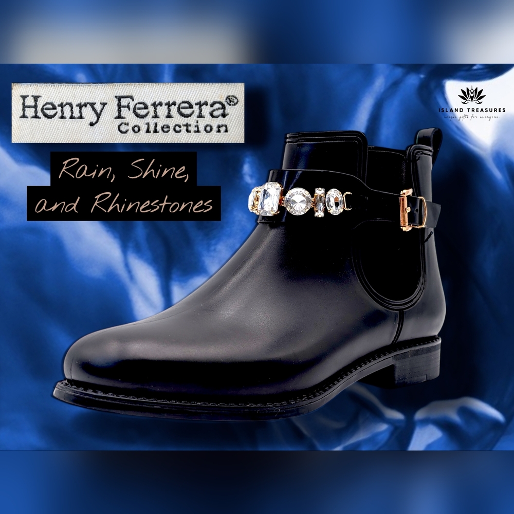 Henry Ferrera Women's Size 7.5 Black Ankle Booties with Rhinestone Jewel Accents